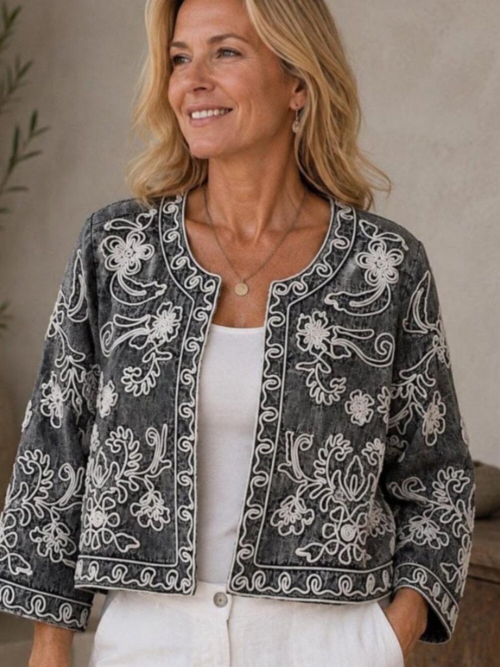 Soft Surroundings Bayan Soutache Embroidered Denim Jacket M Acid Wash Black Bole